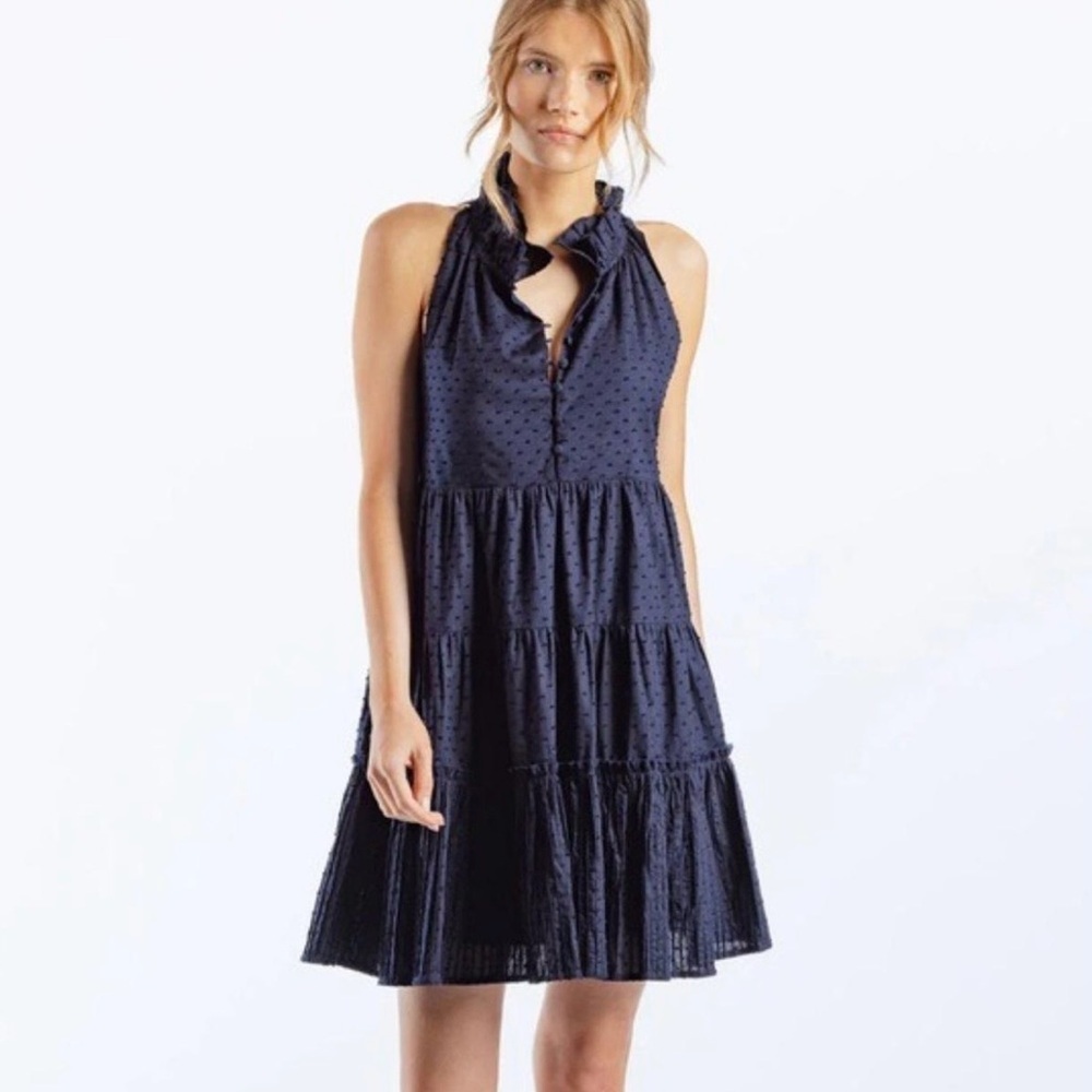 Sundays by Anthropologie Swiss Dot Tiered Ruffle Mini Dress Navy XS
